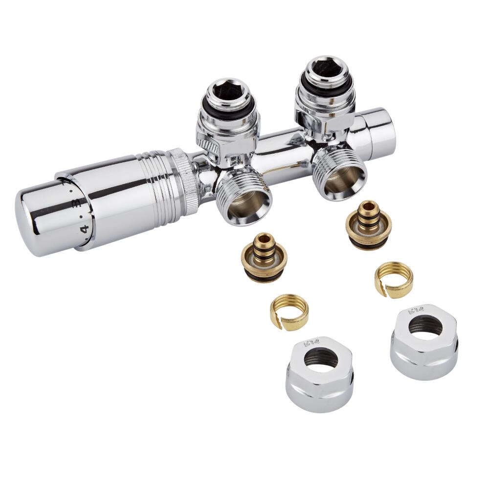 Hahnblock Heizkörperwinkelventil Manuell & thermostatisch Chrom/Weiß inkl. Multiadapter für 14mm Multiverbundrohre im Set
