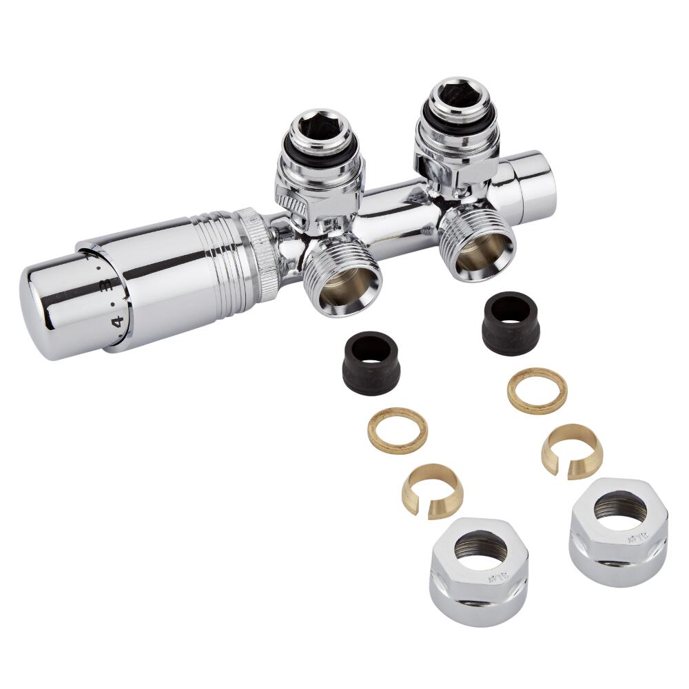 Hahnblock Heizkörperwinkelventil Manuell & thermostatisch Chrom/Weiß inkl. Multiadapter für 15mm Kupferrohre im Set