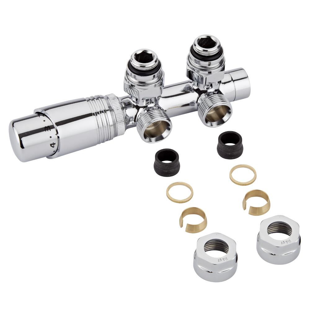 Hahnblock Heizkörperwinkelventil Manuell & thermostatisch Chrom/Weiß inkl. Multiadapter für 16mm Kupferrohre im Set