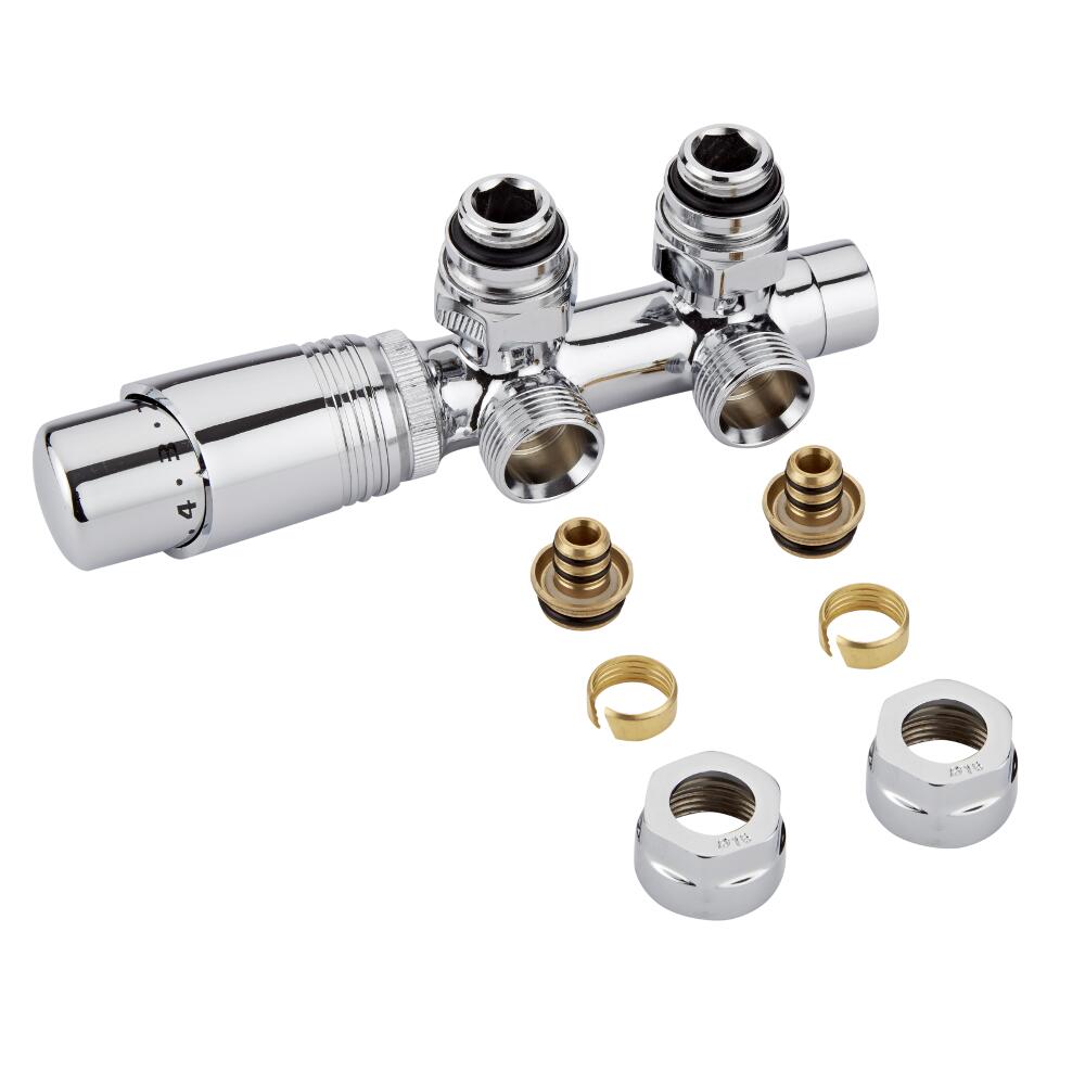 Hahnblock Heizkörperwinkelventil Manuell & thermostatisch Chrom/Weiß inkl. Multiadapter für 16mm Multiverbundrohre im Set