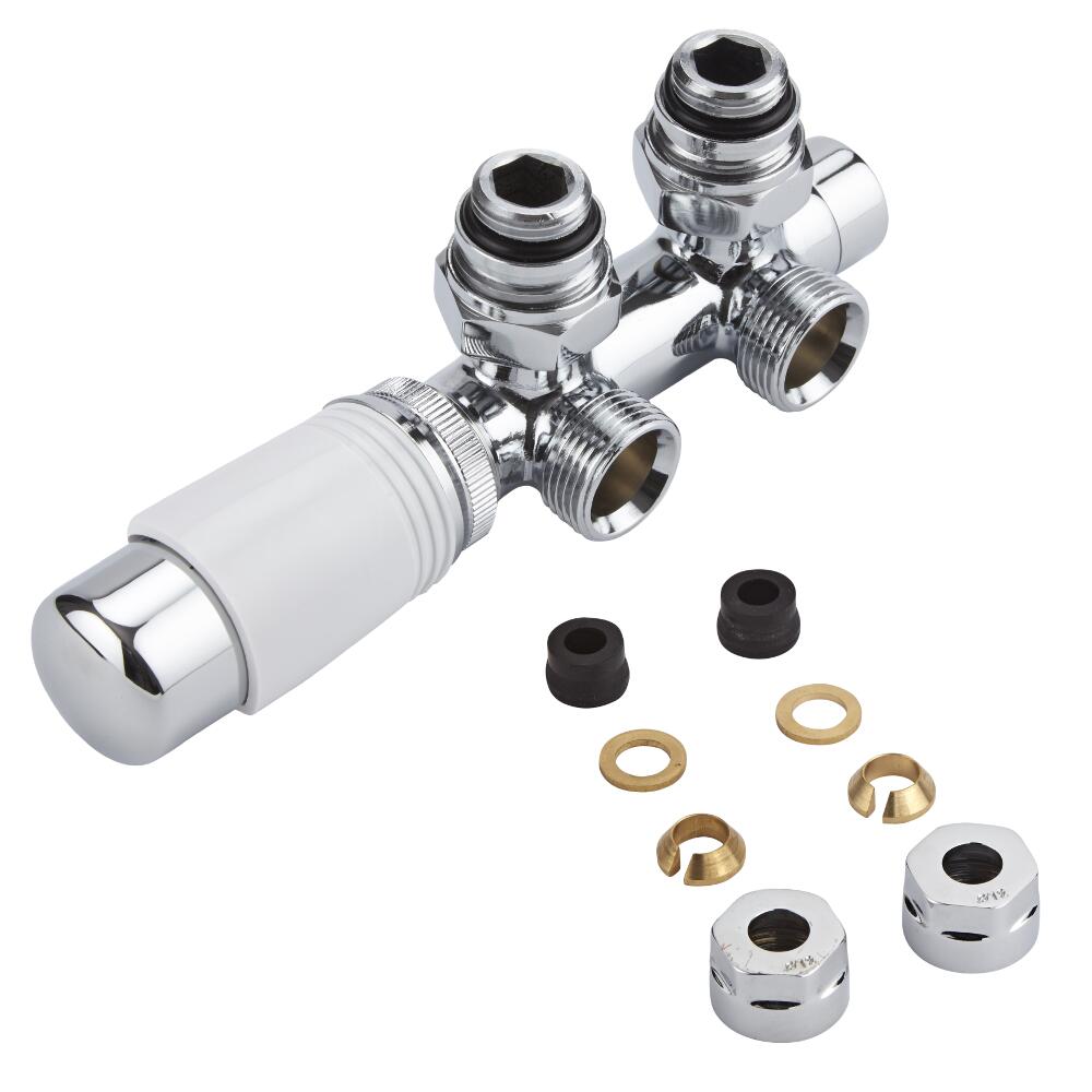 Hahnblock Heizkörperwinkelventil Manuell & thermostatisch Weiß inkl. Multiadapter für 12mm Kupferrohre im Set