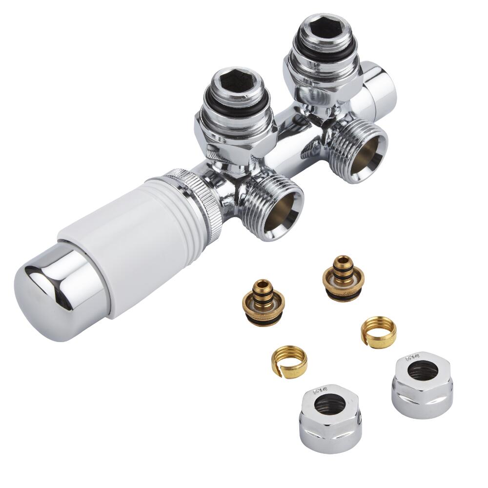 Hahnblock Heizkörperwinkelventil Manuell & thermostatisch Weiß inkl. Multiadapter für 14mm Multiverbundrohre im Set