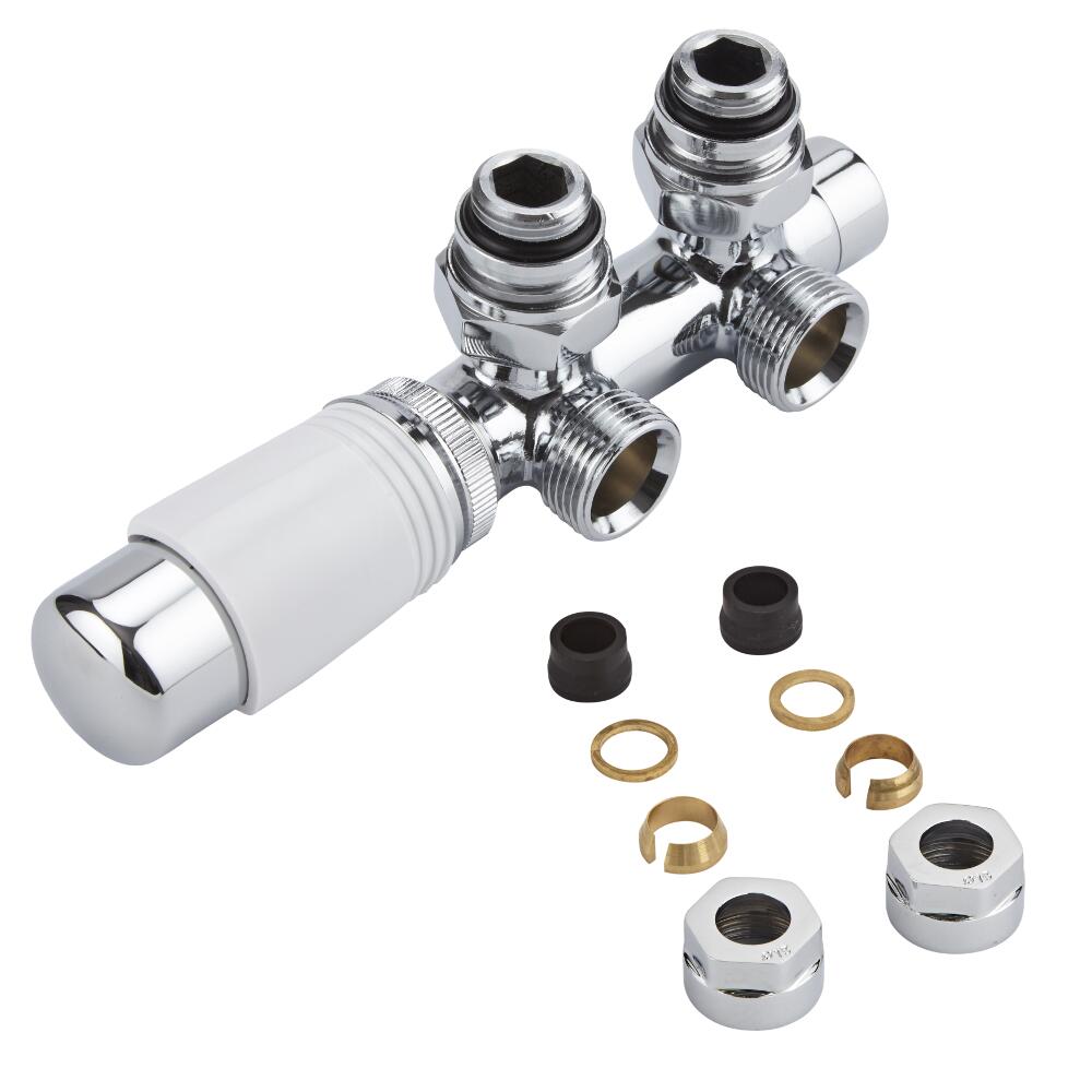 Hahnblock Heizkörperwinkelventil Manuell & thermostatisch Weiß inkl. Multiadapter für 15mm Kupferrohre im Set