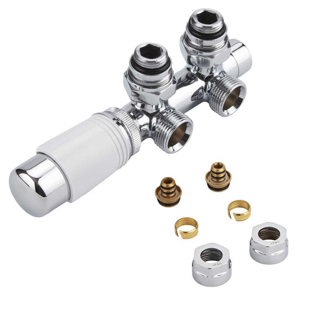 Hahnblock Heizkörperwinkelventil Manuell & thermostatisch Weiß inkl. Multiadapter für 16mm Multiverbundrohre im Set