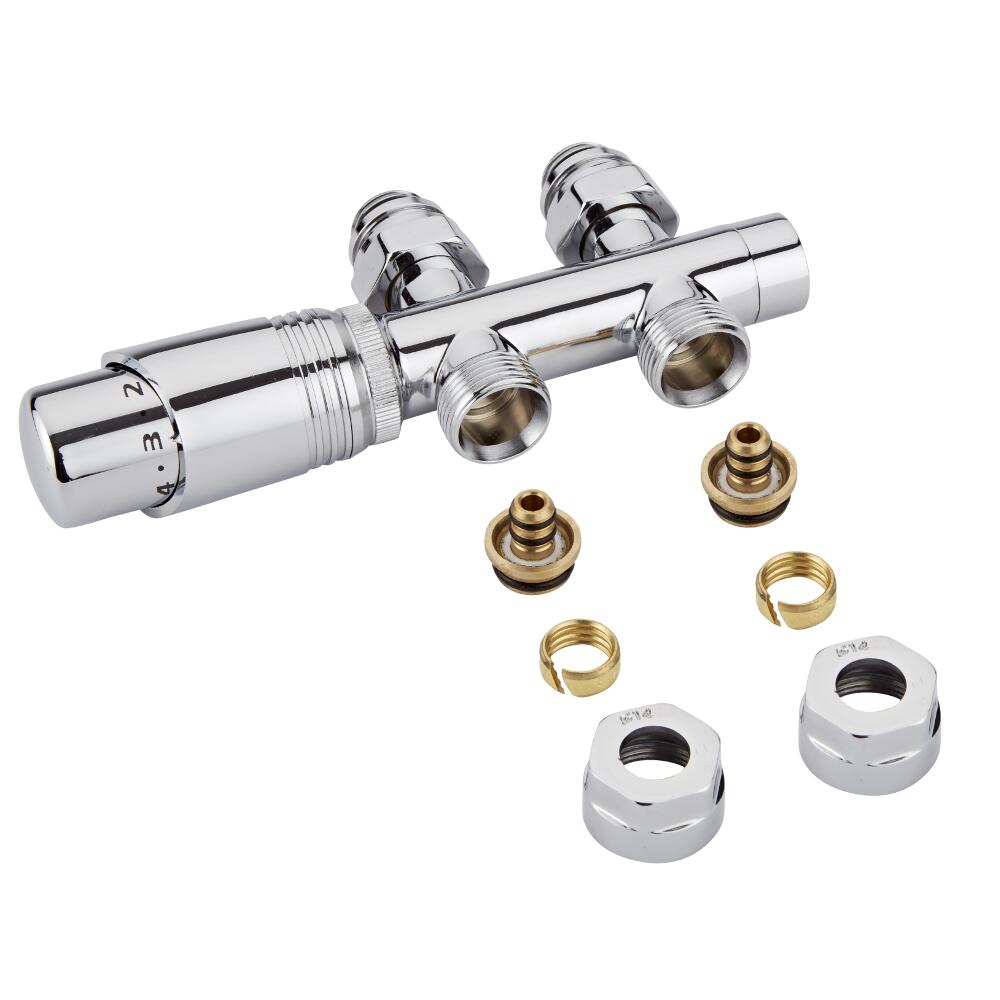 Hahnblock Heizkörperventil Gerade Manuell Chrom/Weiß inkl. Multiadapter für 14mm Mehrschichtverbundrohre im Set