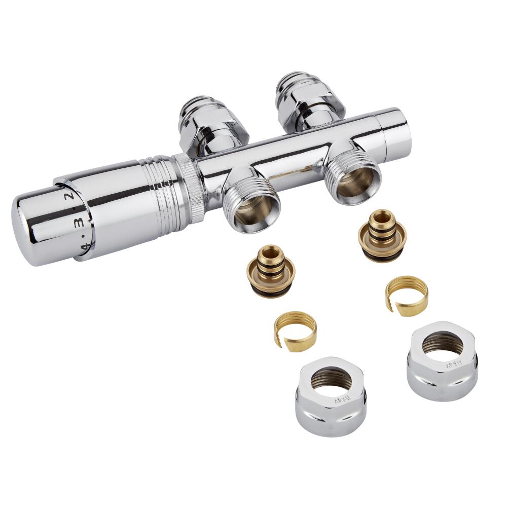Hahnblock Heizkörperventil Gerade Manuell Chrom/Weiß inkl. Multiadapter für 16mm Mehrschichtverbundrohre im Set