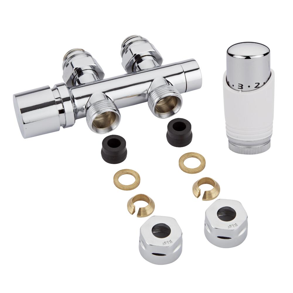Hahnblock Heizkörperventil Gerade Manuell & Thermostatisch Chrom/Weiß inkl. Multiadapter für 12mm Kupferrohre im Set