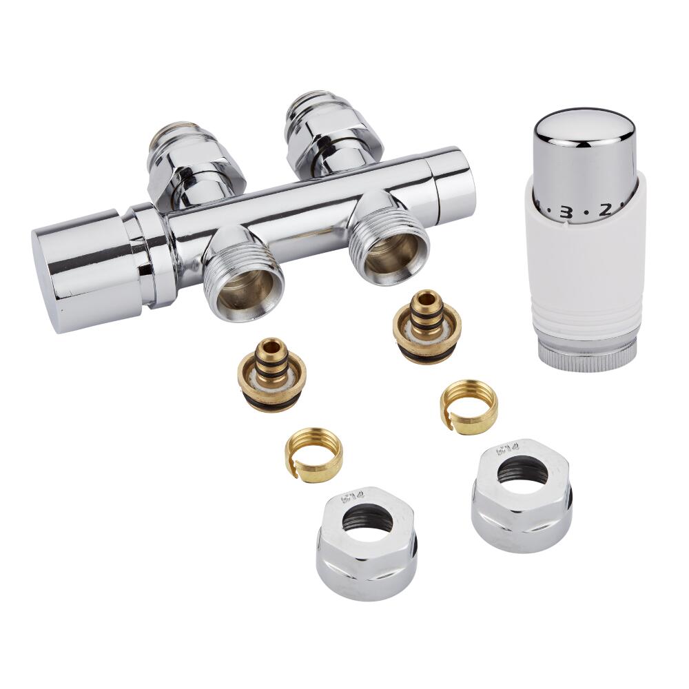 Hahnblock Heizkörperventil Gerade Manuell Chrom inkl. Multiadapter für 14mm Mehrschichtverbundrohre im Set