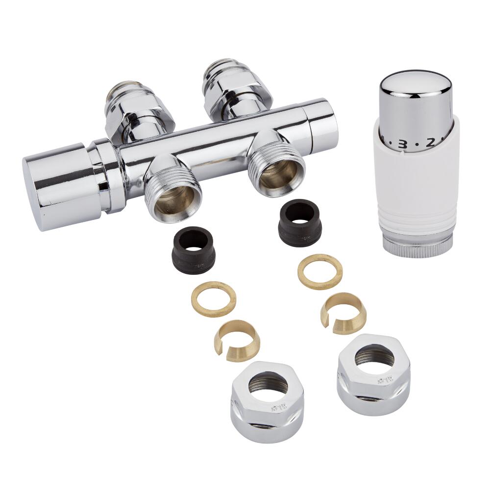 Hahnblock Heizkörperventil Gerade Manuell & Thermostatisch Chrom/Weiß inkl. Multiadapter für 15mm Kupferrohre im Set