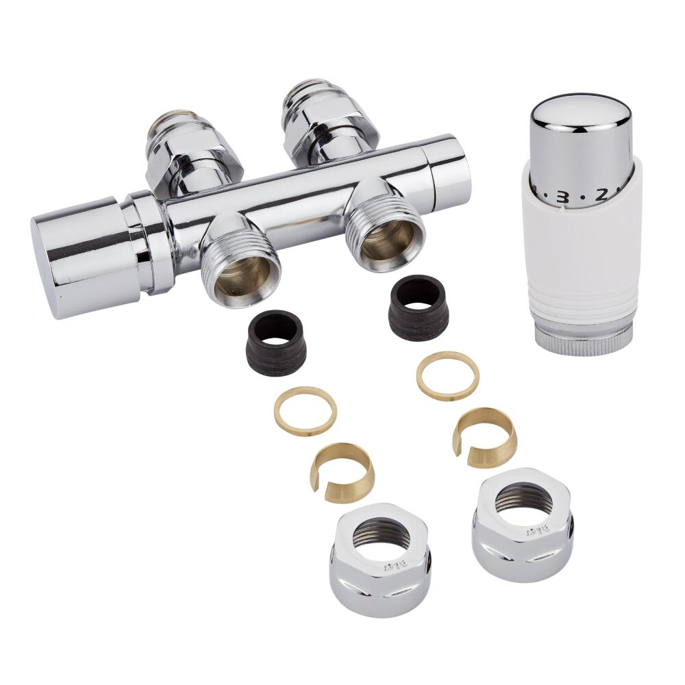 Hahnblock Heizkörperventil Gerade & Thermostatisch Manuell Chrom/Weiß inkl. Multiadapter für 16mm Kupferrohre im Set