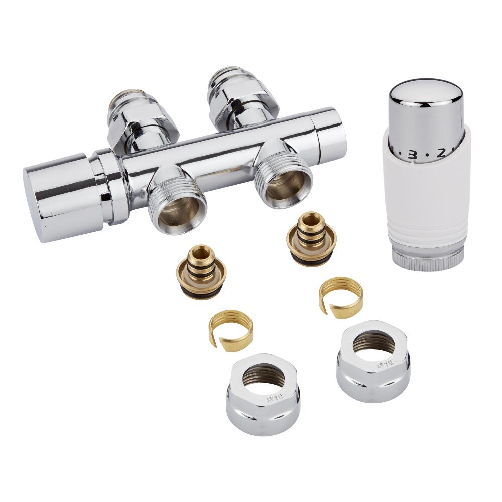 Hahnblock Heizkörperventil Gerade Manuell & Thermostatisch Chrom/Weiß inkl. Multiadapter für 16mm Mehrschichtverbundrohre im Set