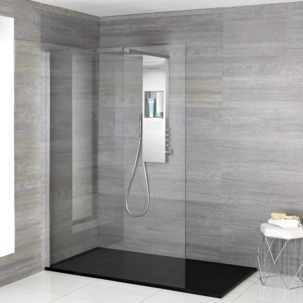 Iko - Komplette Walk-In Dusche mit Duschwanne in Steinoptik & glashaltendem Duschpaneel