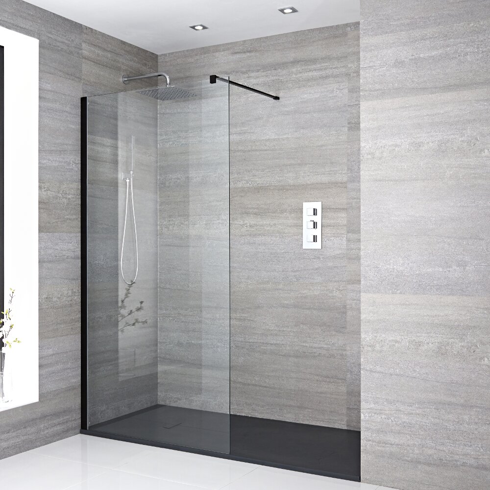 Walk-In Duschwand 1400mm x 800mm inkl. schwarzes Profil & Anthrazit Duschtasse - Nox