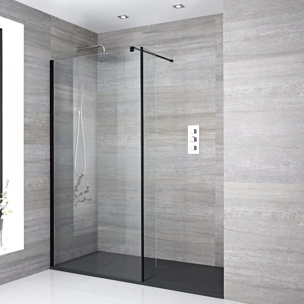 Walk-In Duschwand 1400mm x 900mm mit Seitenteil & Anthrazit Duschtasse - Nox