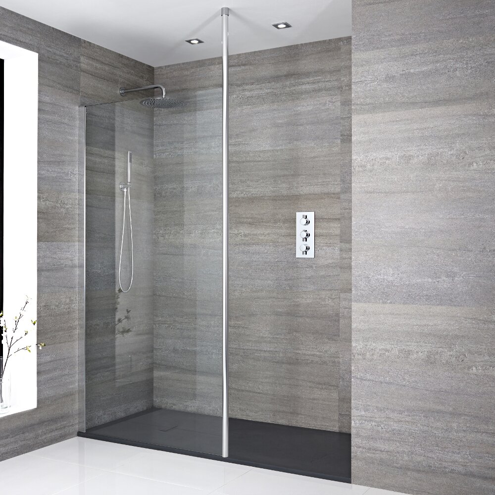 Walk-In Duschwand 1700mm x 900mm inkl. Anthrazit Duschtasse & Duschwandhaltestange - Sera