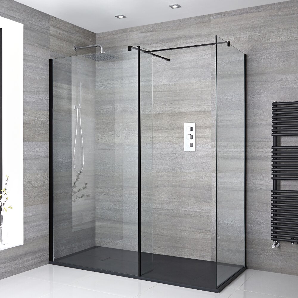 2 Walk-In Duschwände 800mm/ 1000mm inkl. 1700mm x 800mm Anthrazit Duschtasse, Seitenteil & schwarzes Profil - Nox