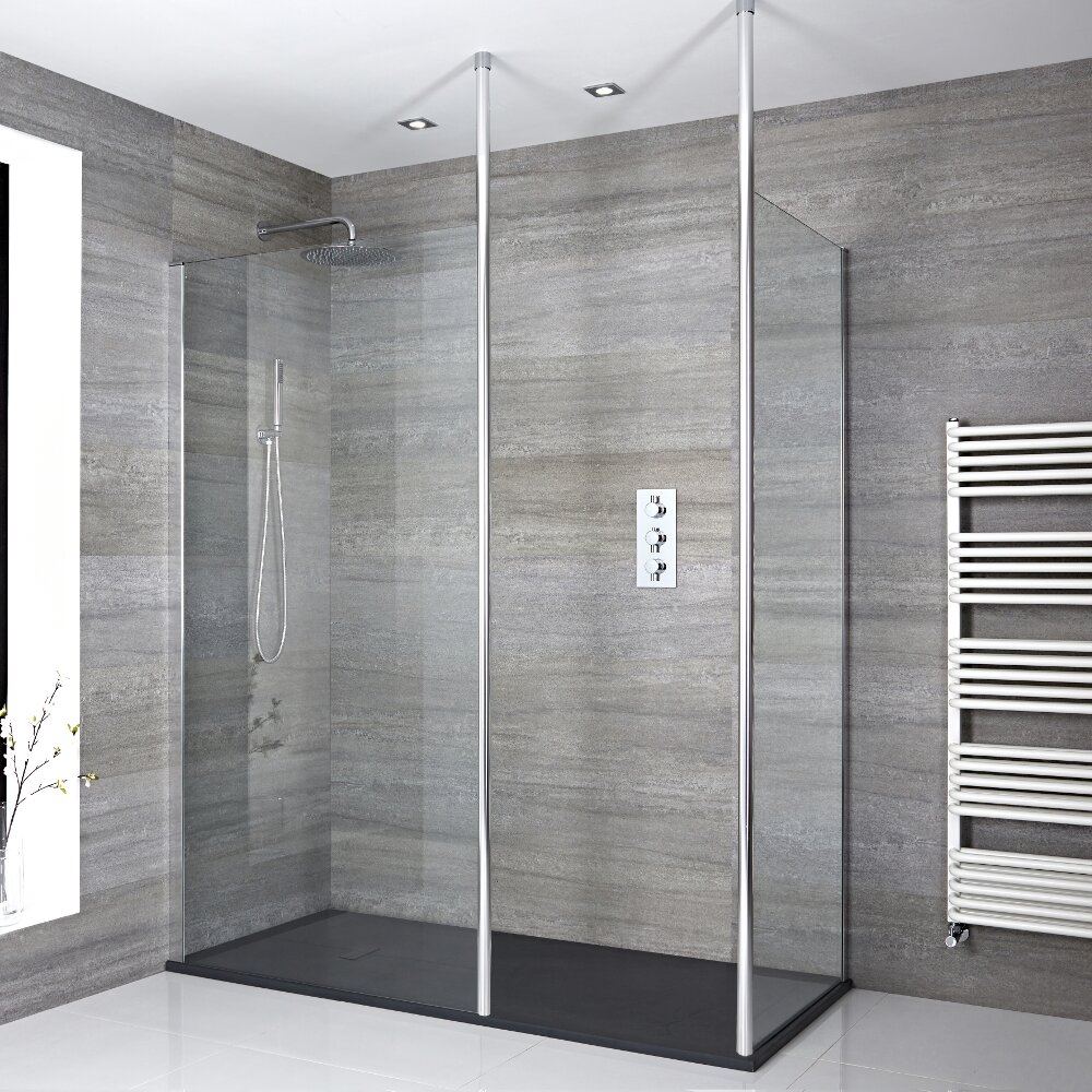 2 Walk-In Duschwände inkl. 2x Duschwandhaltestangen & 1700mm x 800mm Anthrazit Duschtasse - Sera
