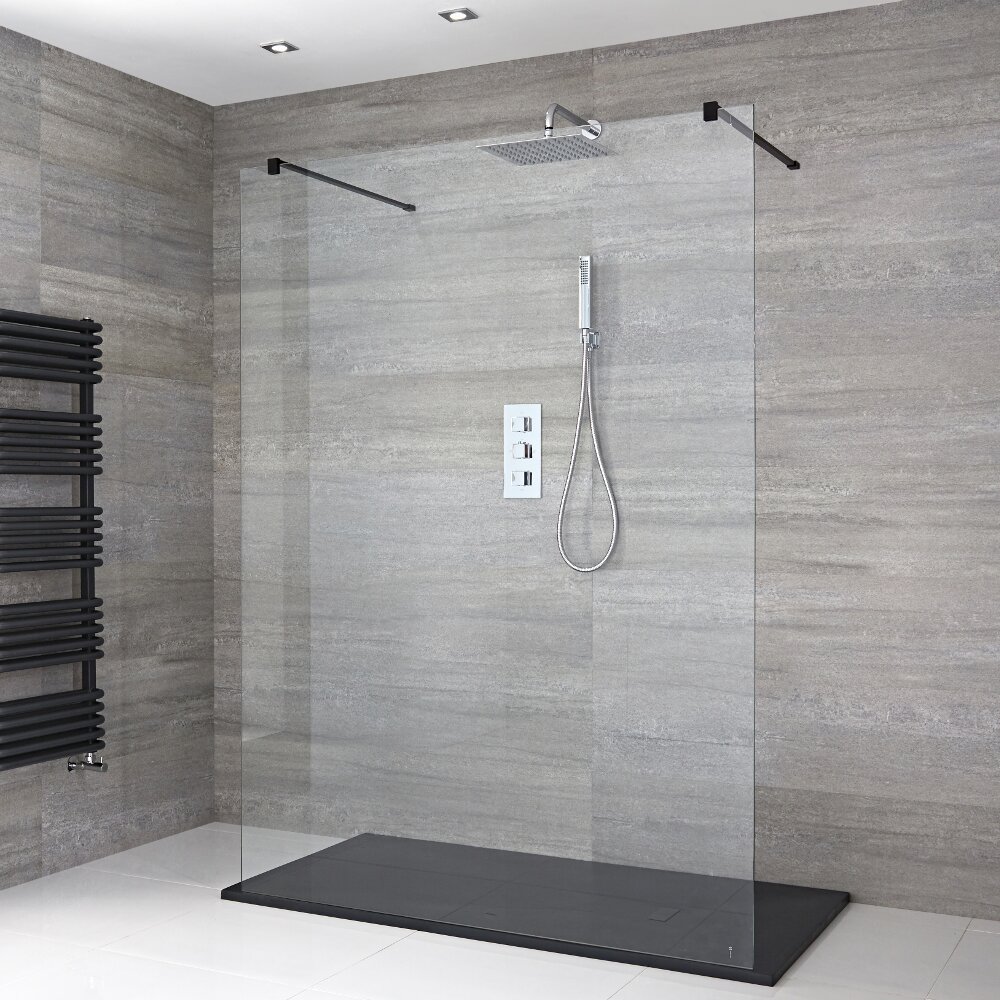 Walk-In Duschwand inkl. 2 schwarze Haltearme & 1200mm x 900mm Anthrazit Duschtasse - Nox
