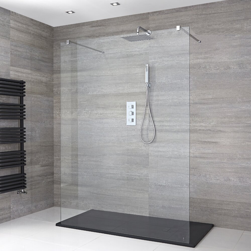 Walk-In Duschwand 1200mm mit 2 Haltearmen inkl. 1200mm x 800mm Anthrazit Duschtasse - Portland