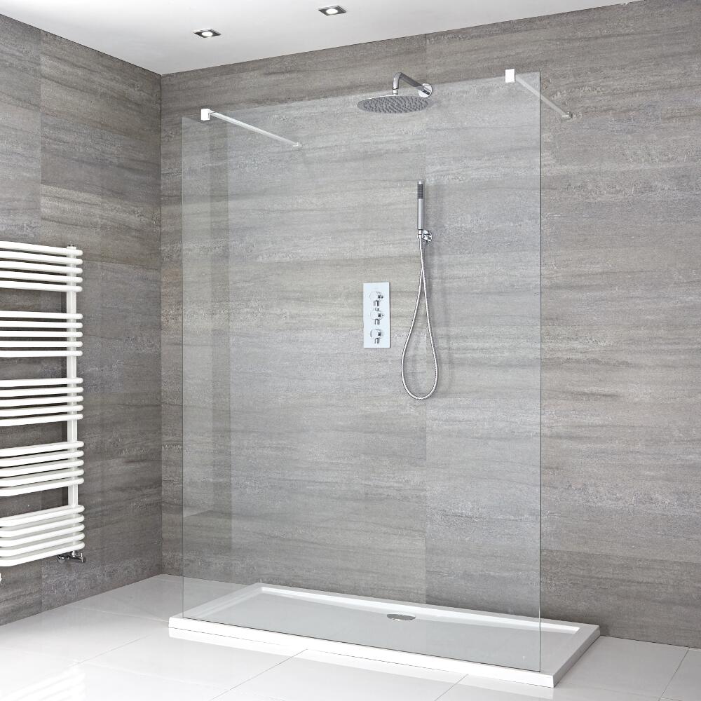 Walk-In Duschwand 1200mm mit 2 weißen Haltearmen inkl. 1200mm x 900mm Duschtasse - Lux