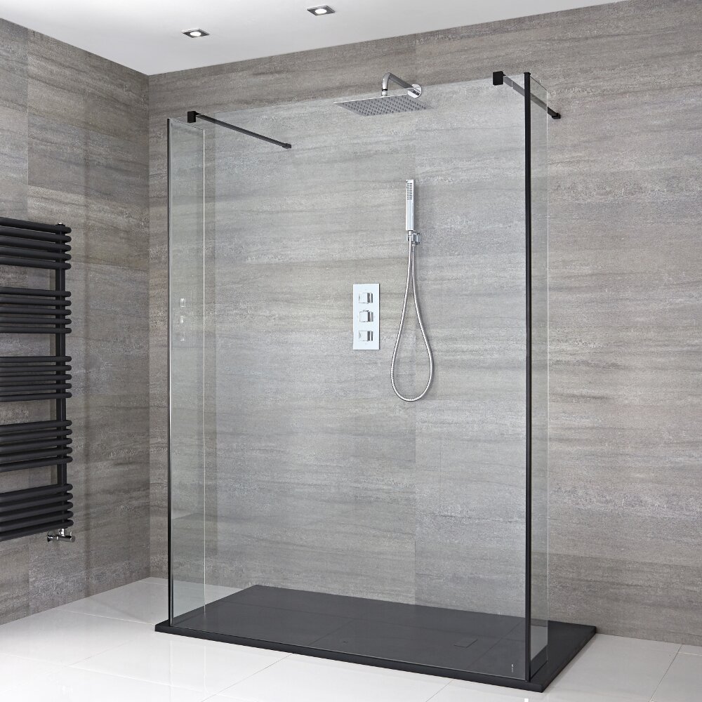 Walk-In Duschwand inkl. 1400mm x 800mm Anthrazit Duschtasse, 2 Seitenteile & schwarzes Profil - Nox