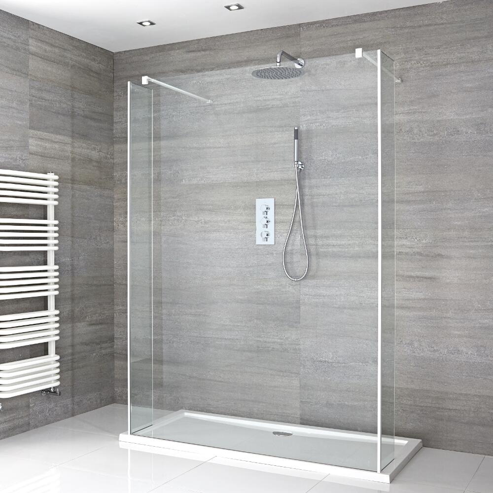 Walk-In Duschwand 1400mm inkl. 1400mm x 800mm Duschtasse, 2 Seitenteile & weißes Profil - Lux