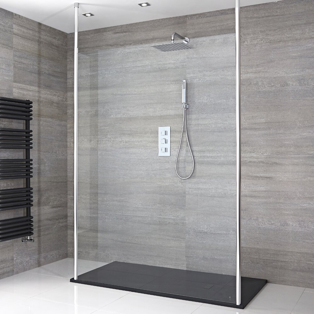 Walk-In Duschwand 1400mm inkl. 1400mm x 800mm Anthrazit Duschtasse & 2 Duschwandhaltestangen - Sera