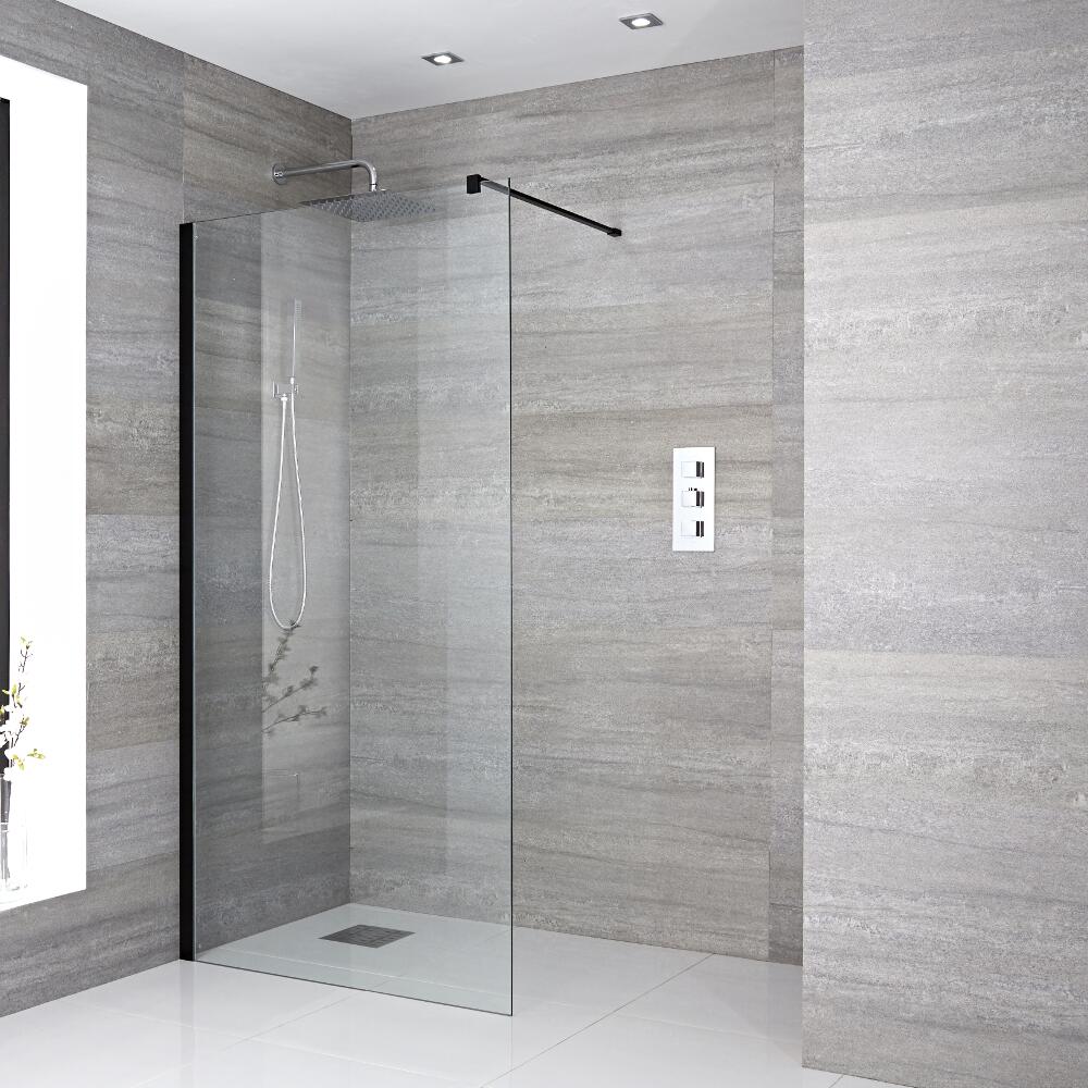 Walk-In Duschwand 1000mm inkl. Halterarm, schwarzes Profil & wählbarer Duschrinne - Nox
