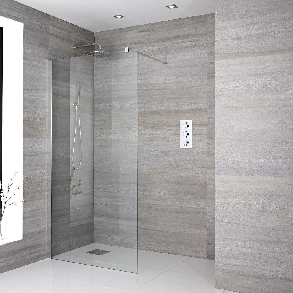Walk-In Duschwand 1200mm mit Chromprofil inkl. Halterarm & wählbarer Duschrinne - Portland