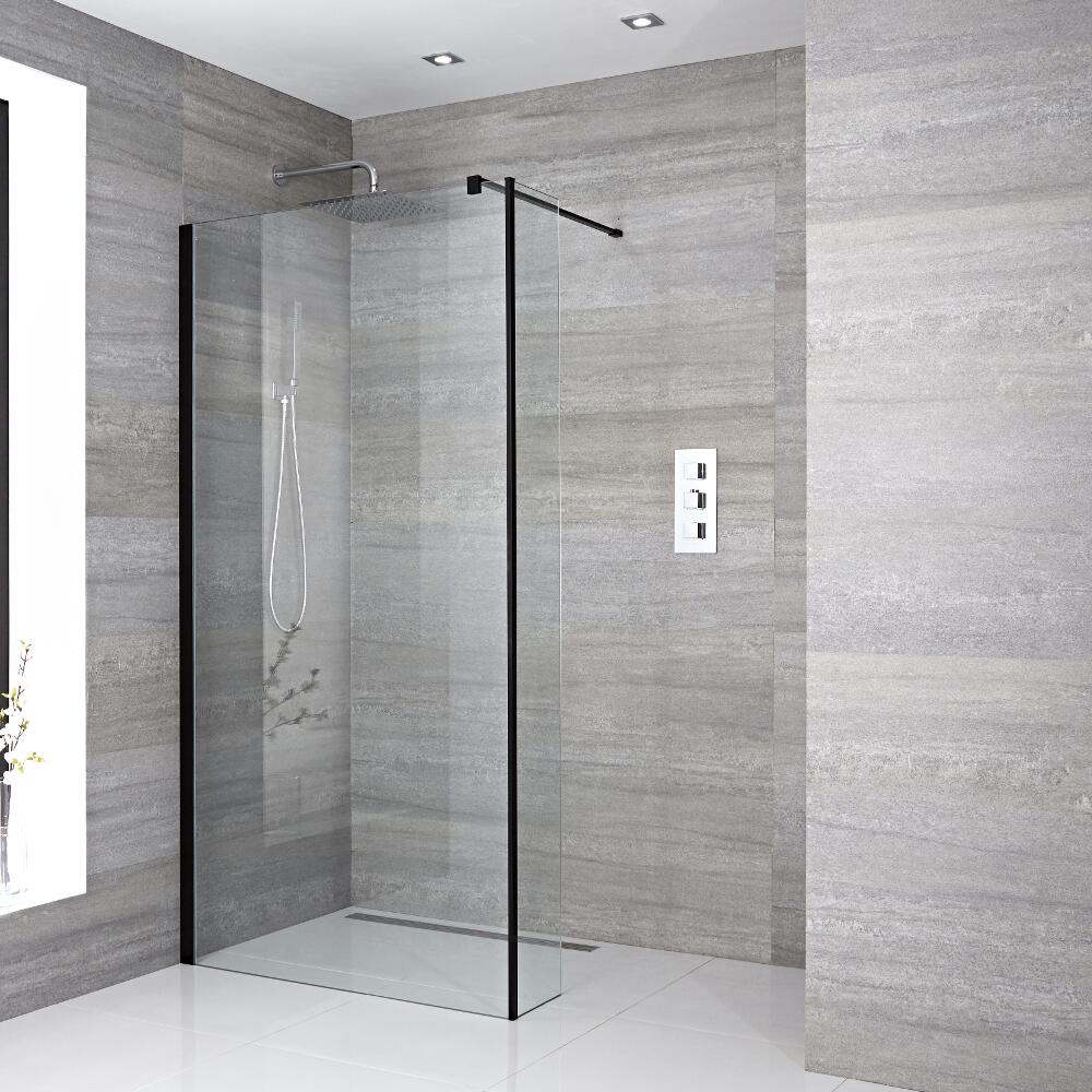 Walk-In Duschwand 900mm mit Seitenteil, schwarzes Profil & wählbarer Duschrinne - Nox