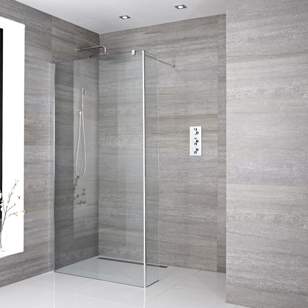 Walk-In Duschwand 1950mm x 1200mm mit Seitenteil & wählbarer Duschrinne - Portland