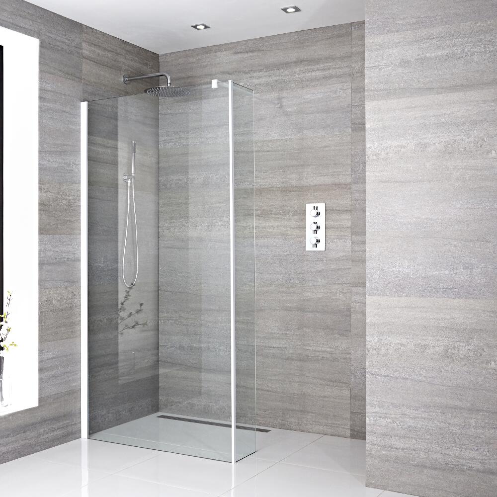 Walk-In Duschwand 1400mm mit Seitenteil, weißes Profil & wählbarer Duschrinne - Lux