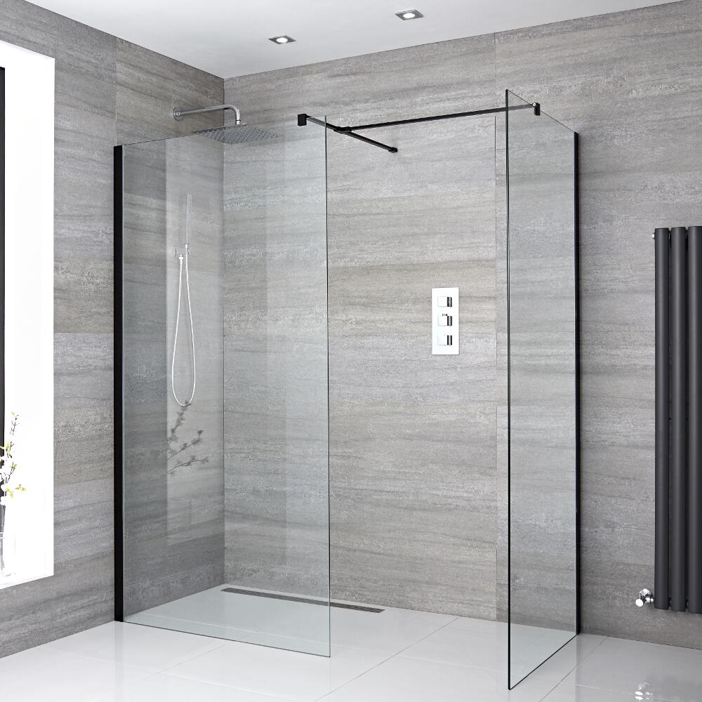 2 Walk-In Duschwände 1200mm/ 900mm inkl. schwarzes Profil & wählbare Duschrinne - Nox