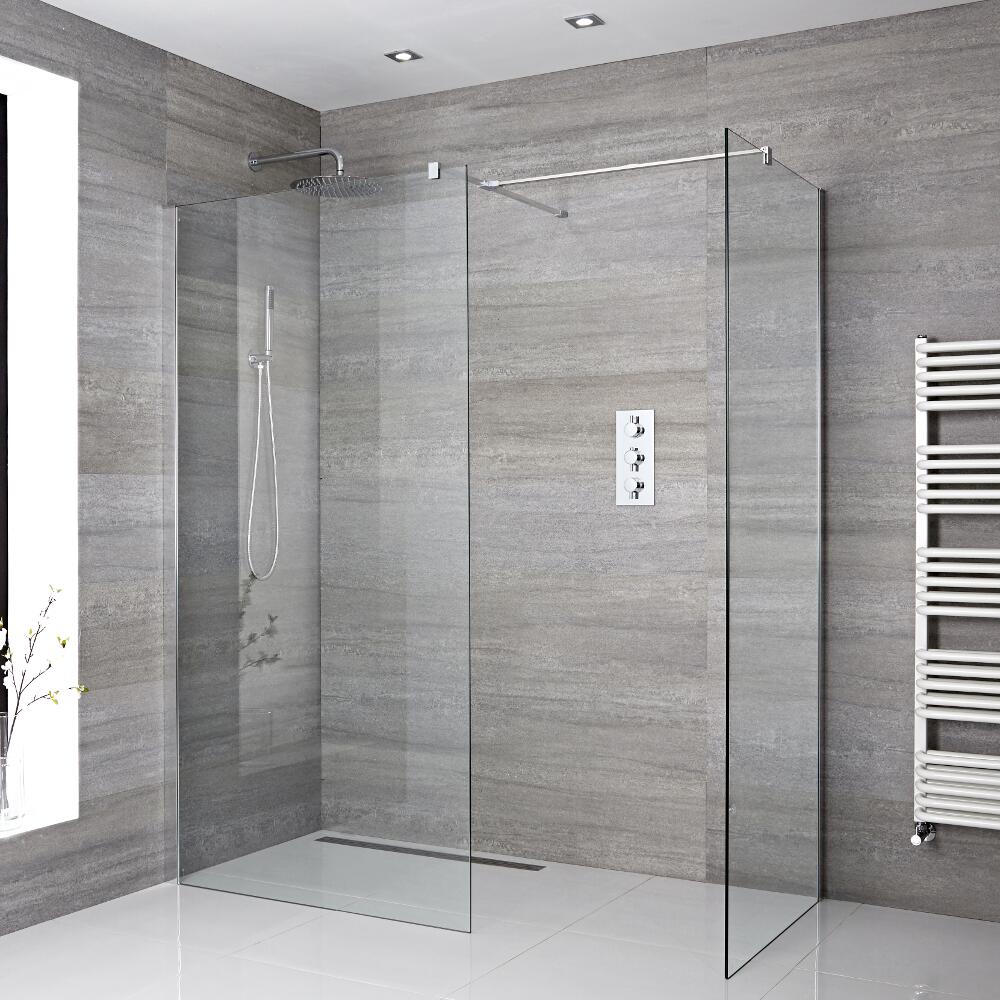 2 Walk-In Duschwände 800mm/ 1200mm mit 2 Haltearmen inkl. wählbare Duschrinne - Portland