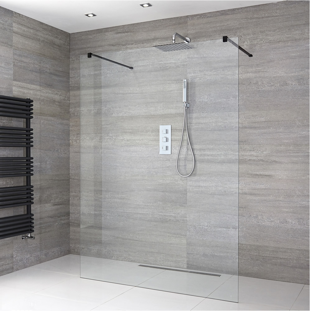 Walk-In Duschwand 1200mm mit 2 Haltearmen inkl. schwarzes Profil & wählbare Duschrinne - Nox