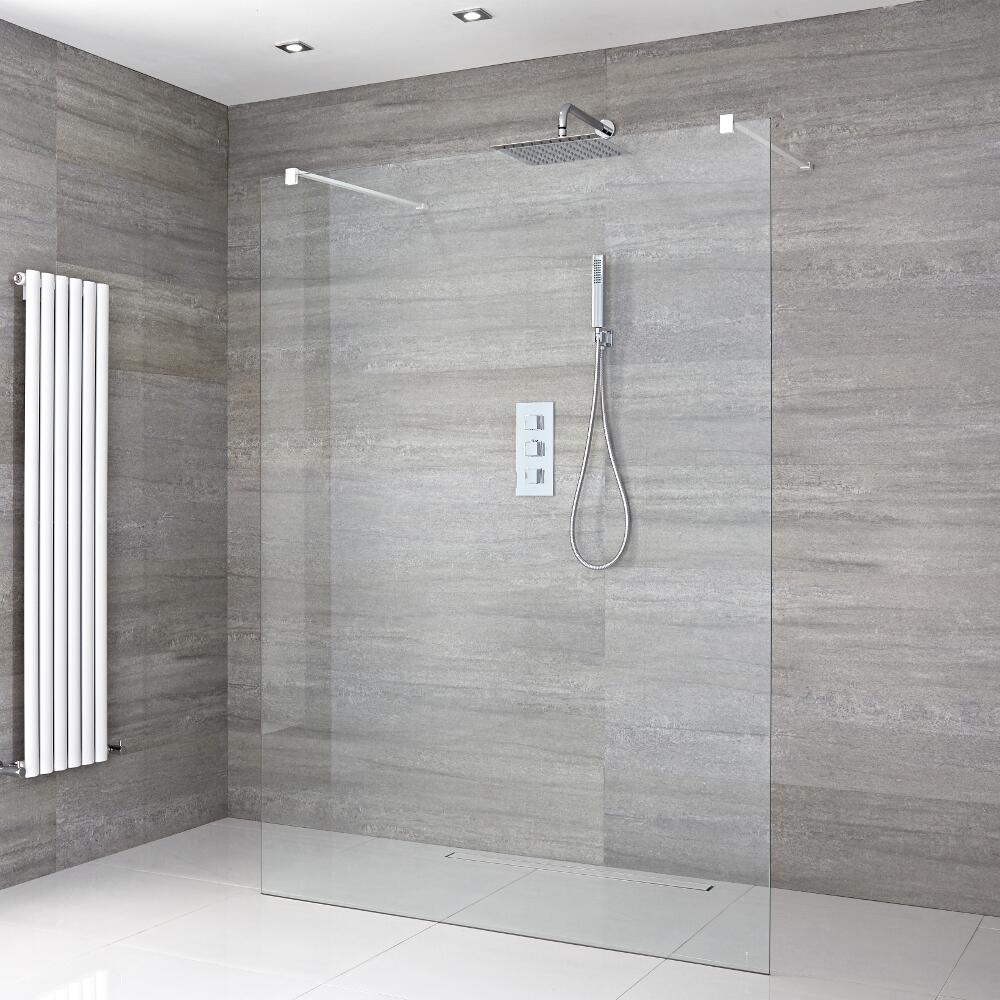 Walk-In Duschwand 1400mm mit 2 Haltearmen inkl. weißes Profil & wählbare Duschrinne - Lux