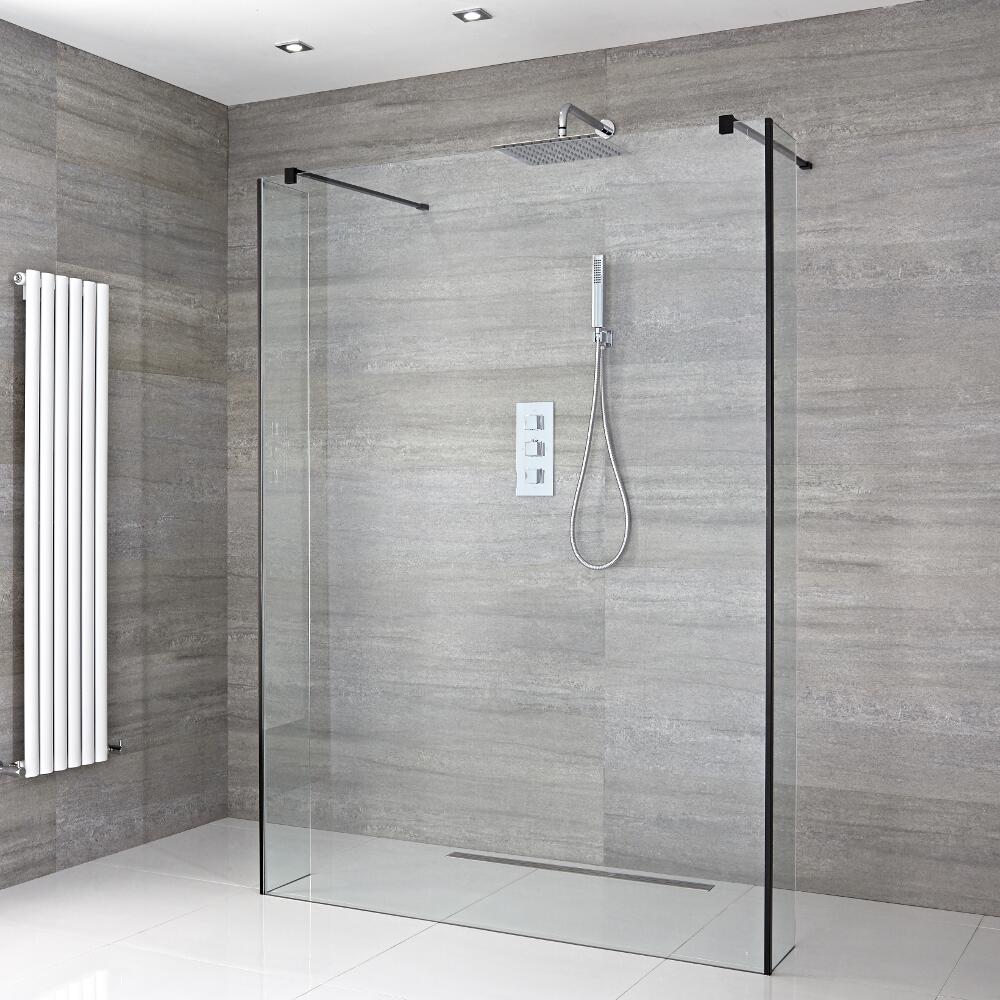Walk-In Duschwand 1000mm inkl. 2 Seitenteile, schwarzes Profil & wählbare Duschrinne - Nox